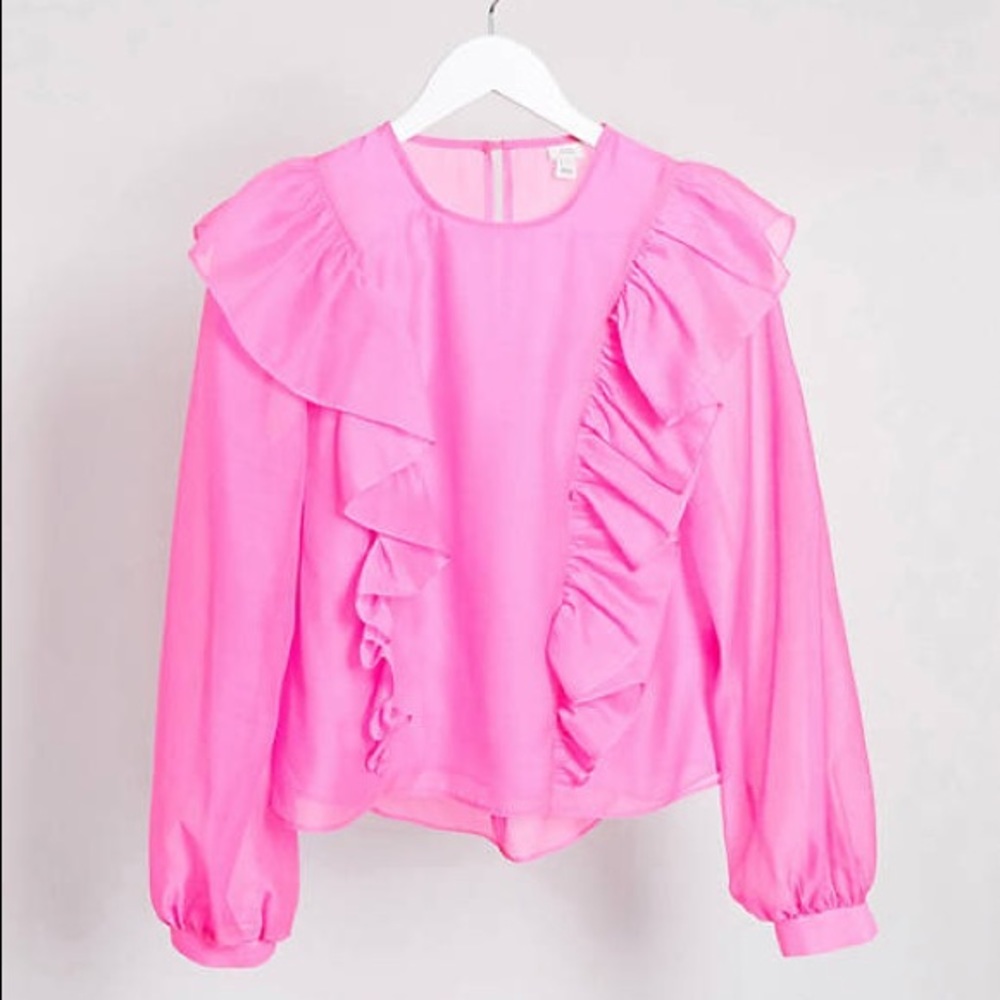 River Island Pink Long Sleeve Frill Front Blouse